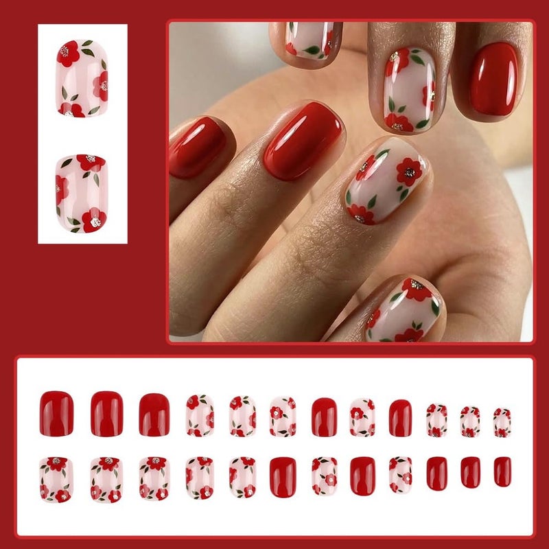 CTTHNBD Short Press on Nails Square - Red Fake Nails with Cute Flower Design - Solid Color Full Cover Glossy Stick on Nails for Women - 24 Pcs - Image 2